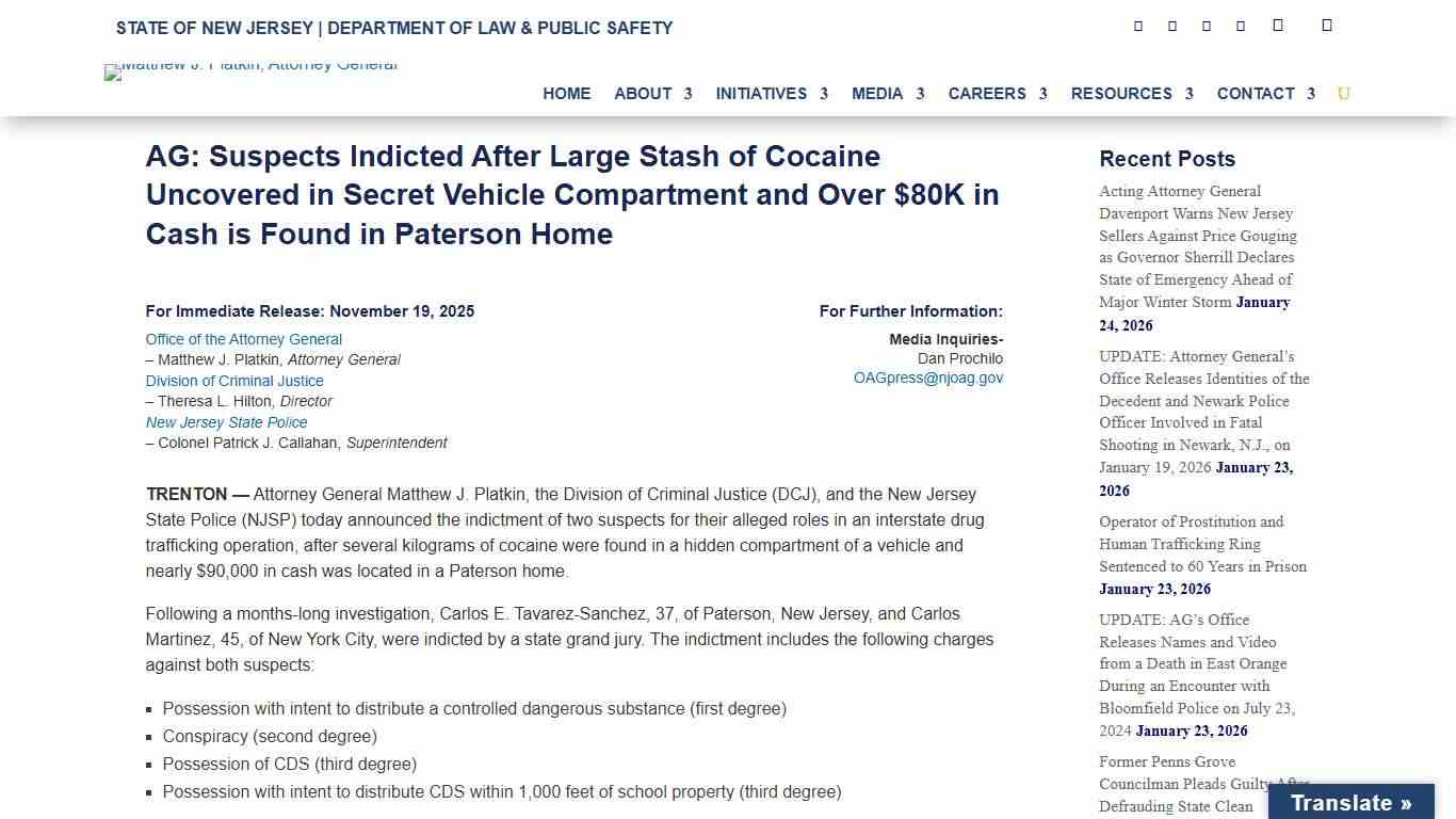 AG: Suspects Indicted After Large Stash of Cocaine Uncovered in Secret Vehicle Compartment and Over $80K in Cash is Found in Paterson Home - New Jersey Office of Attorney General